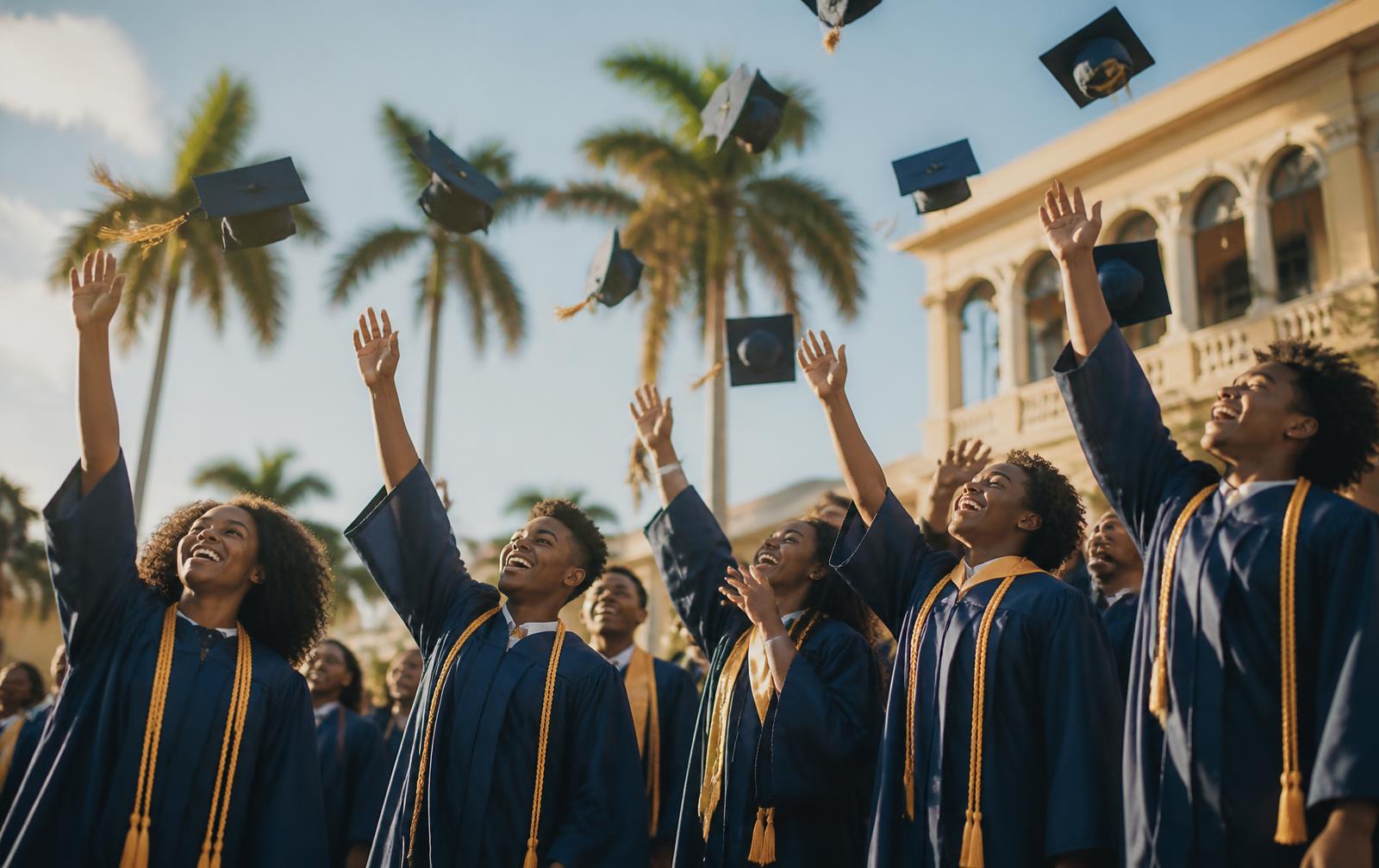 Kingsway Academy graduates tossing their caps in the air
